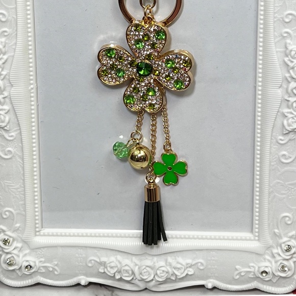 Green & Silver Crystal Four Leaf Clover Keychain with Tassel Charms - Picture 7 of 16